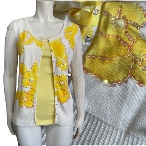 Y2K CHARLOTTE TARANTOLA Cardigan Twin Set - Yellow Sequined Sweater - Medium